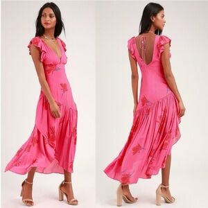 Free People She's A Waterfall Maxi Dress Hibiscus Pink Combo Size 12